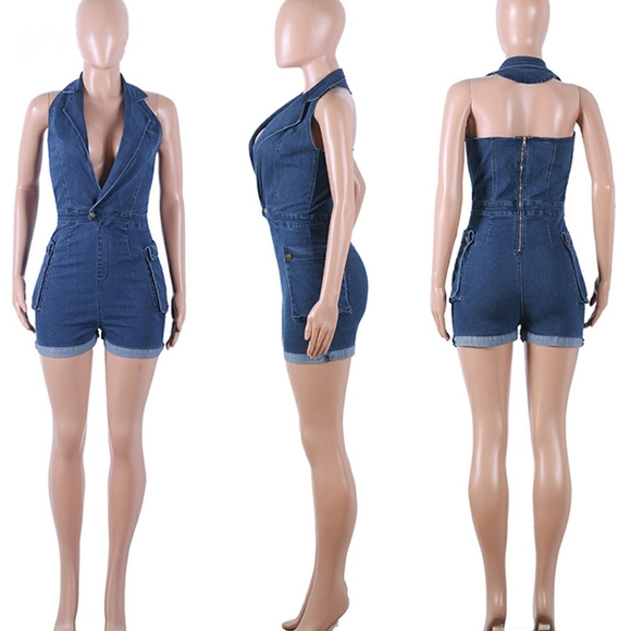 Sexy Shorts Stretch Denim Short Jumpsuit - Picture 1 of 8